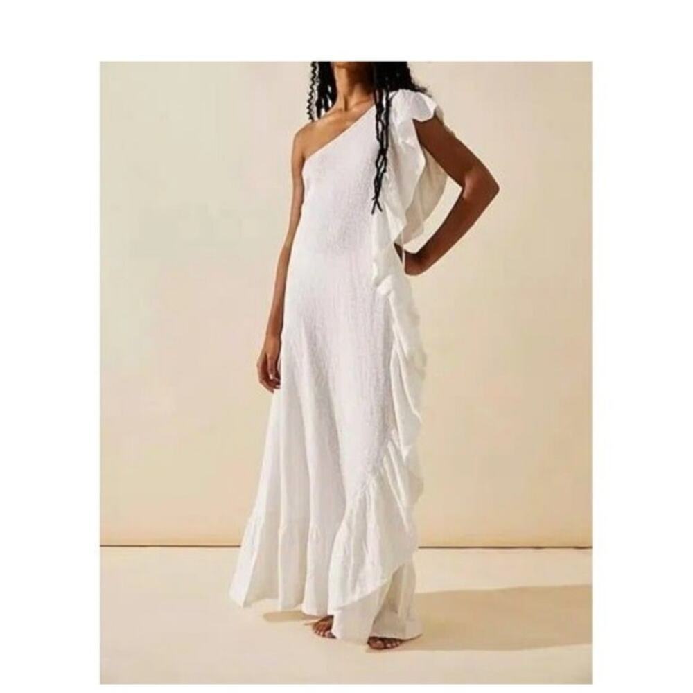 Elisa Slub Cotton White Maxi Dress Ruffled One Shoulder Dress Medium